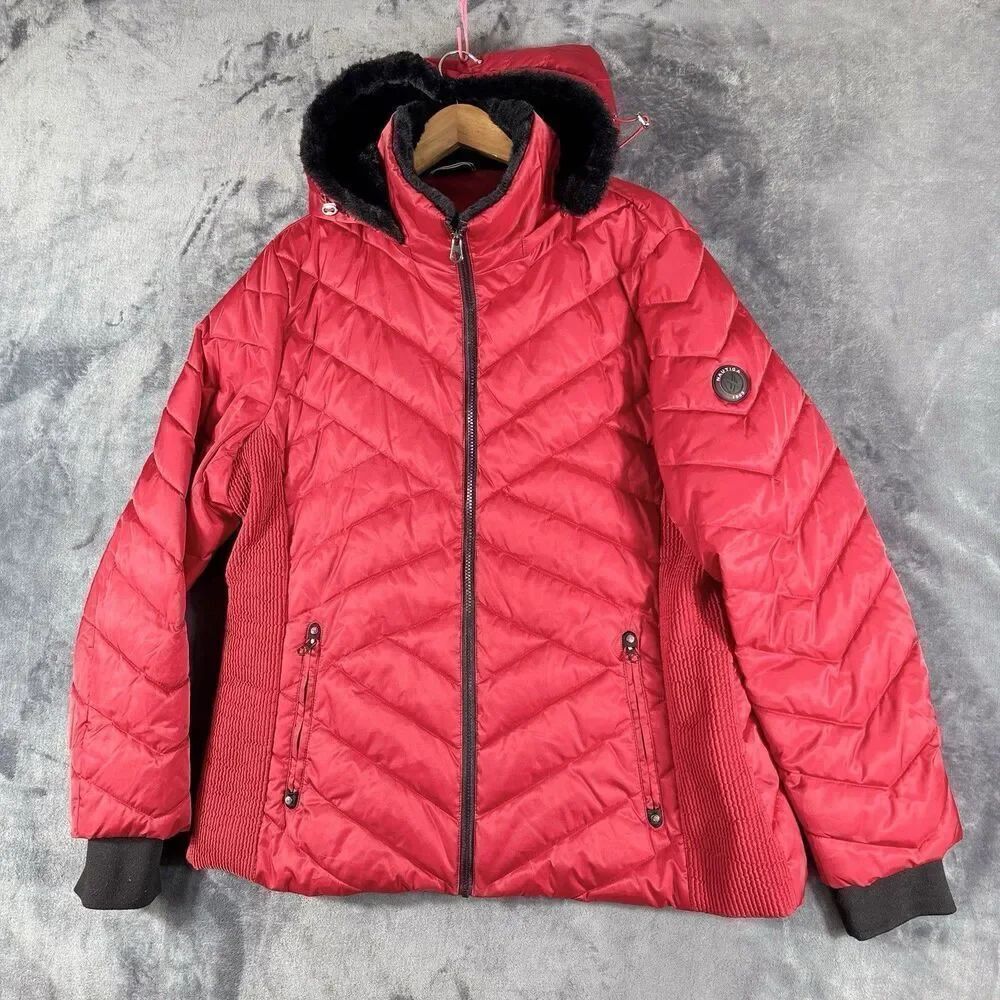 NAUTICA Sz 2XL Womens Coat Red Stretch Side Jacket Quilted Puffer Faux Fur XXL